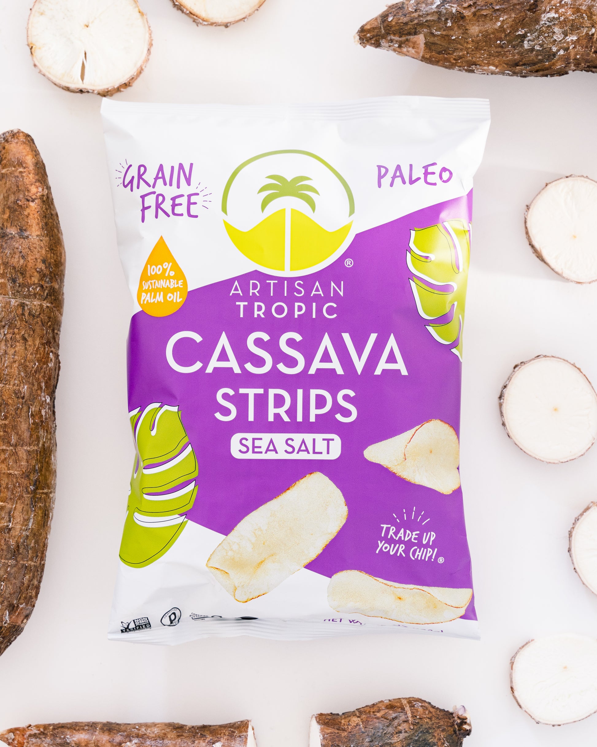 Artisan Tropic Cassava Strips packaging with cassava roots on a white background