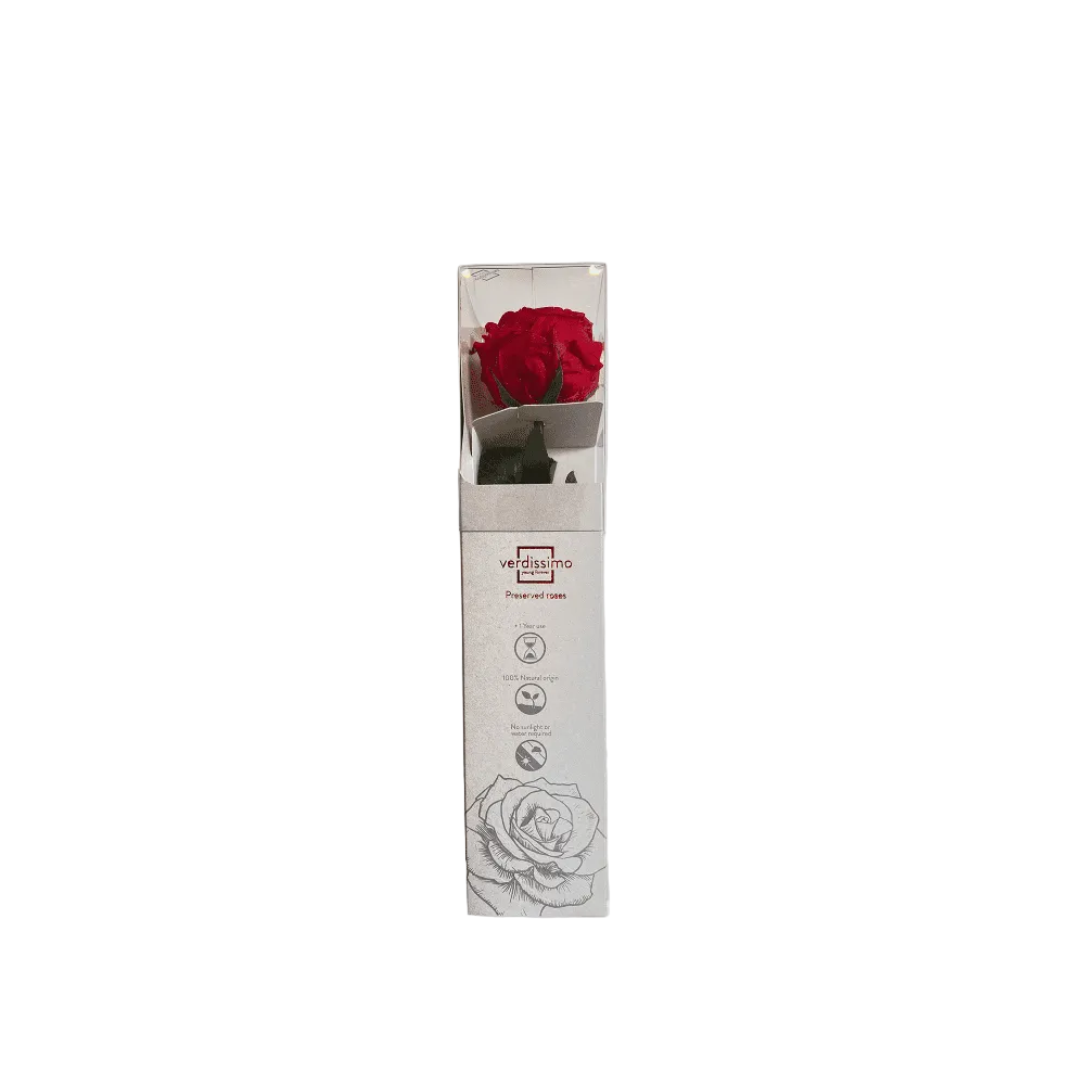 Red rose in a clear box with 'Vendimia' branding on a white background