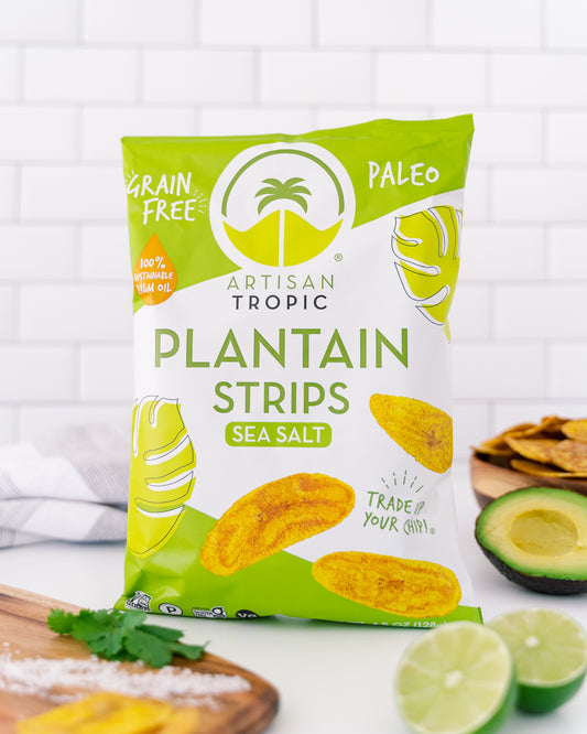 Packaging of Artisan Tropic Plantain Strips with ingredients on a white background