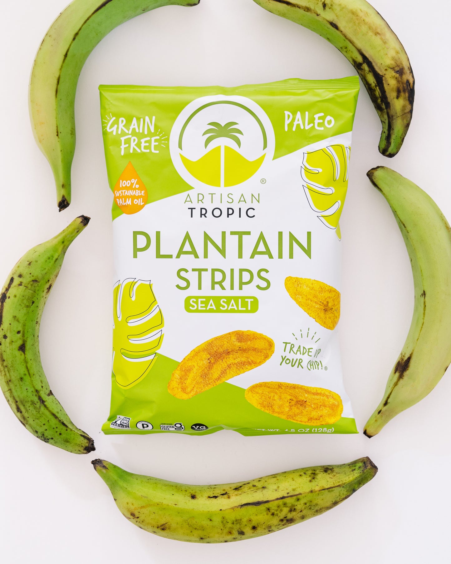 Artisan Tropic Plantain Strips packaging with green plantains on a white background