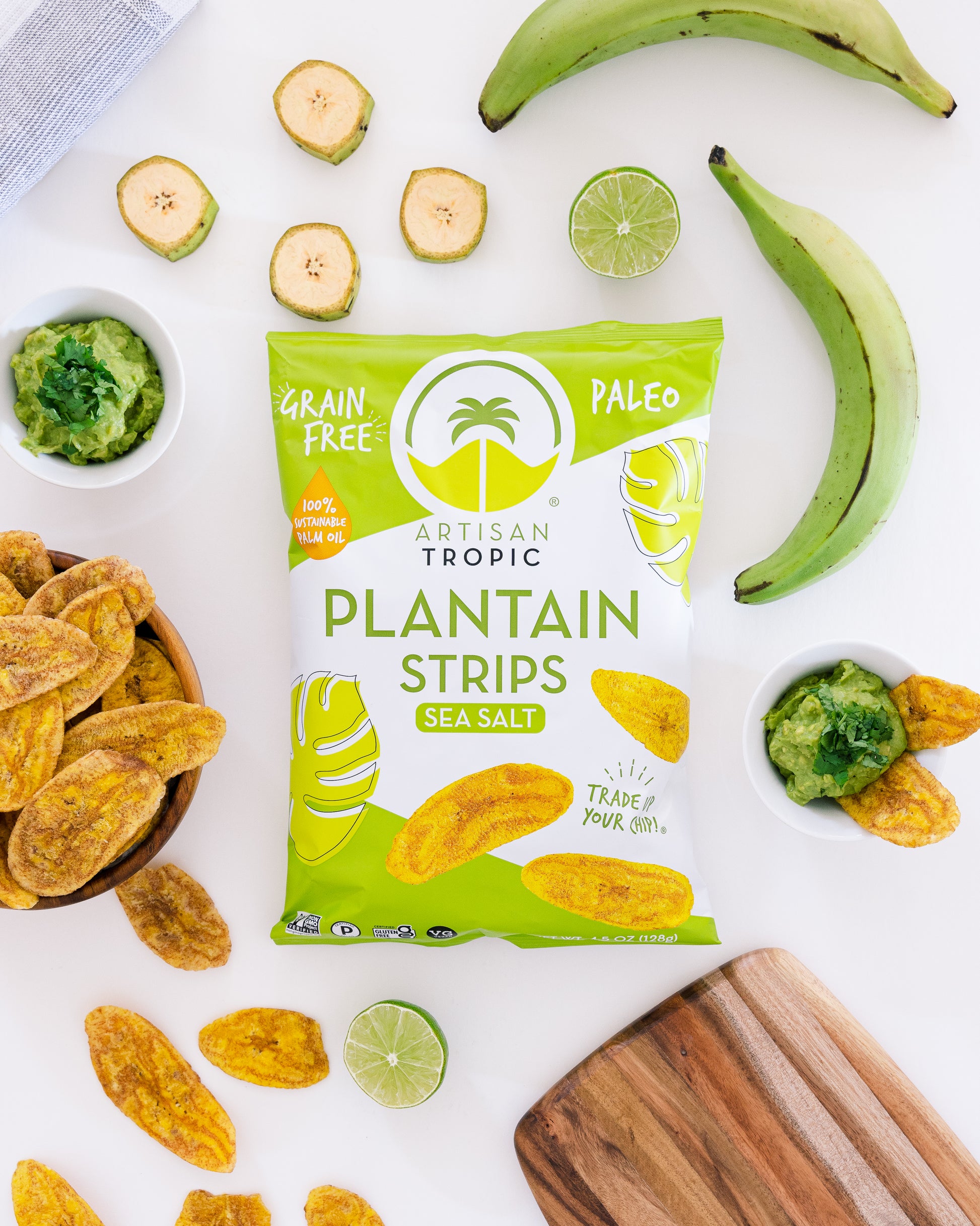 Artisan Tropic Plantain Strips packaging with plantains, limes, and guacamole on a white background