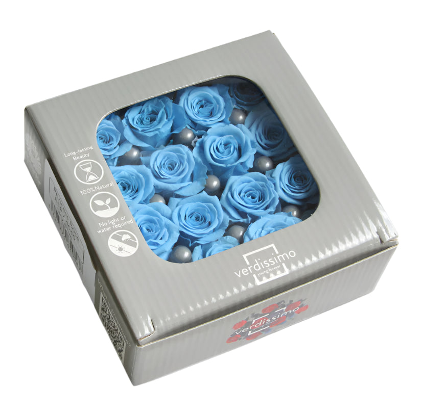 Sixteen light blue mini rose heads in a box